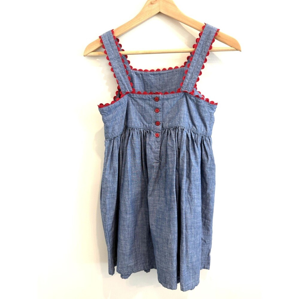 Gymboree Girls Sz 12 Dress Blue Jumper Embroidered Chambray Apple Daisy Ric Rac - Picture 2 of 4